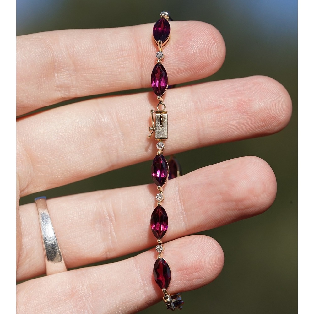 Vintage 14k Solid Yellow Gold Natural Rhodolite Garnet & Diamond Tennis Bracelet